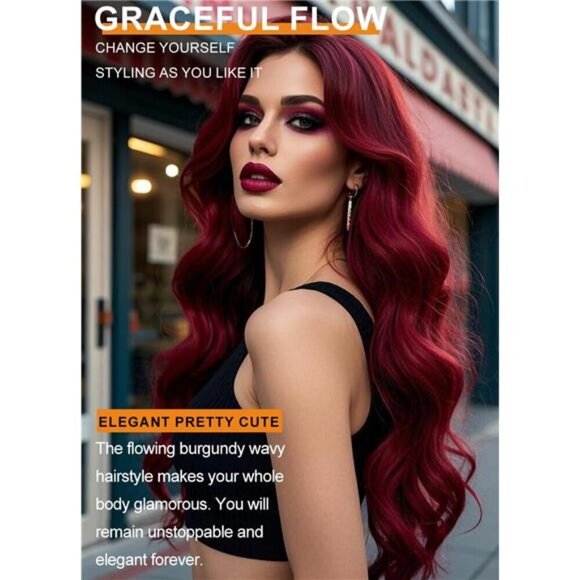 Long Wavy Middle Part Wine Red Wig Natural Looking - Picture 2 of 7